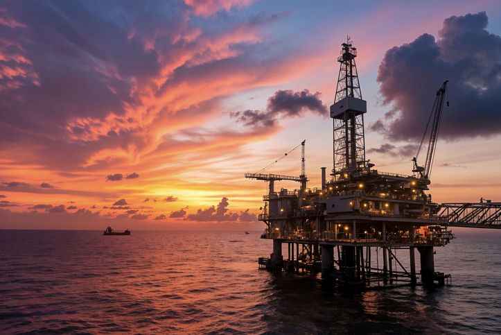 Offshore Oil Rig At Sunset Over The Ocean. High Quality Photo